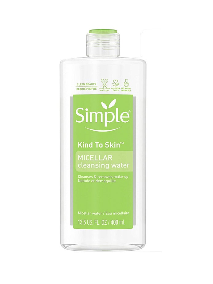 Simple Kind to Skin Micellar Cleansing Water transparent bottle with green label on white background