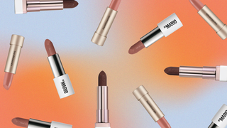 nude lipsticks on orange and blue background