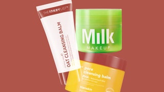 Best Cleansing Balms a collage of The Inkey List Milk Makeup and Hanskin cleansing balms on a burgundy red background