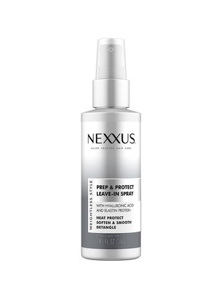 Nexxus Prep and Protect LeaveIn Spray white to gray gradient spray bottle on white background