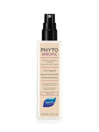 Phytospecific Curl Legend Energizing Spray beige spray bottle with black pray cap on white background