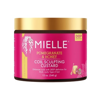 Mielle Organics Pomegranate  Honey Coil Sculpting Custard jar with hot pink label and gold lid on white background