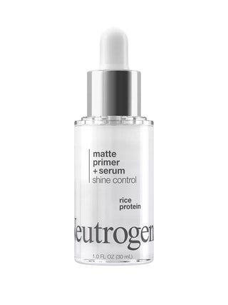 A clear glass dropper bottle of the Neutrogena Shine Control Matte Booster Face Primer  Serum on a white background