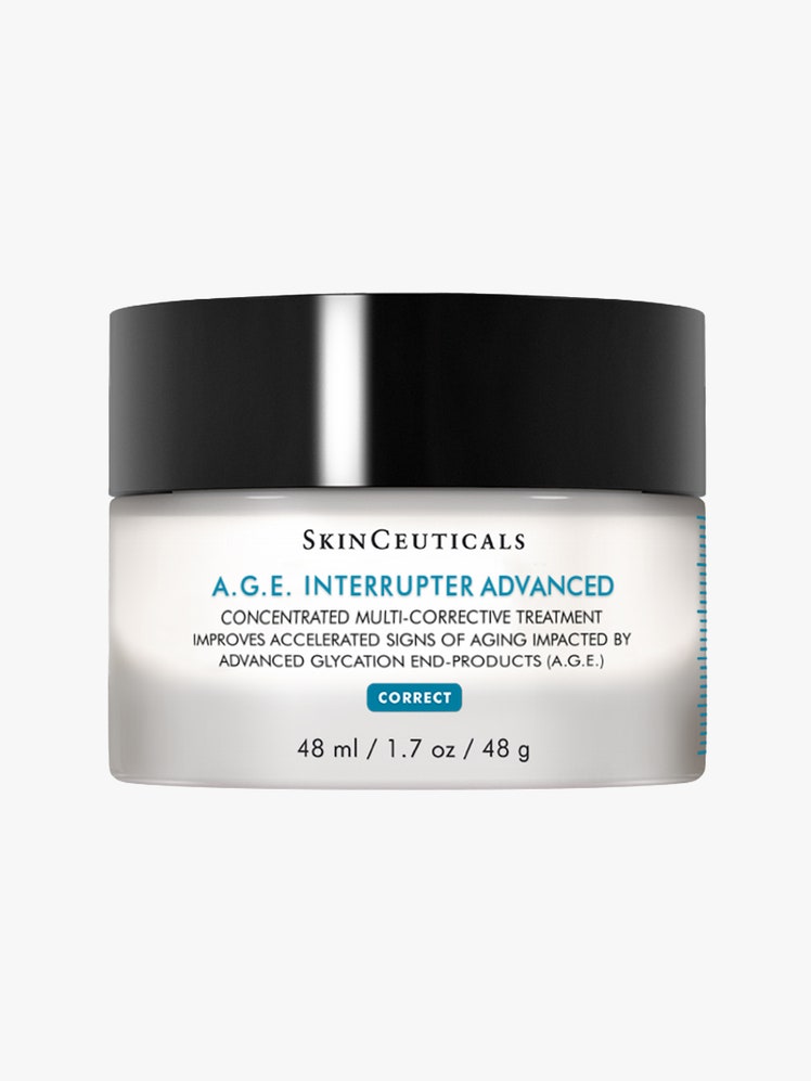 SkinCeuticals A.G.E. Interrupter Advanced white jar with black lid on light gray background