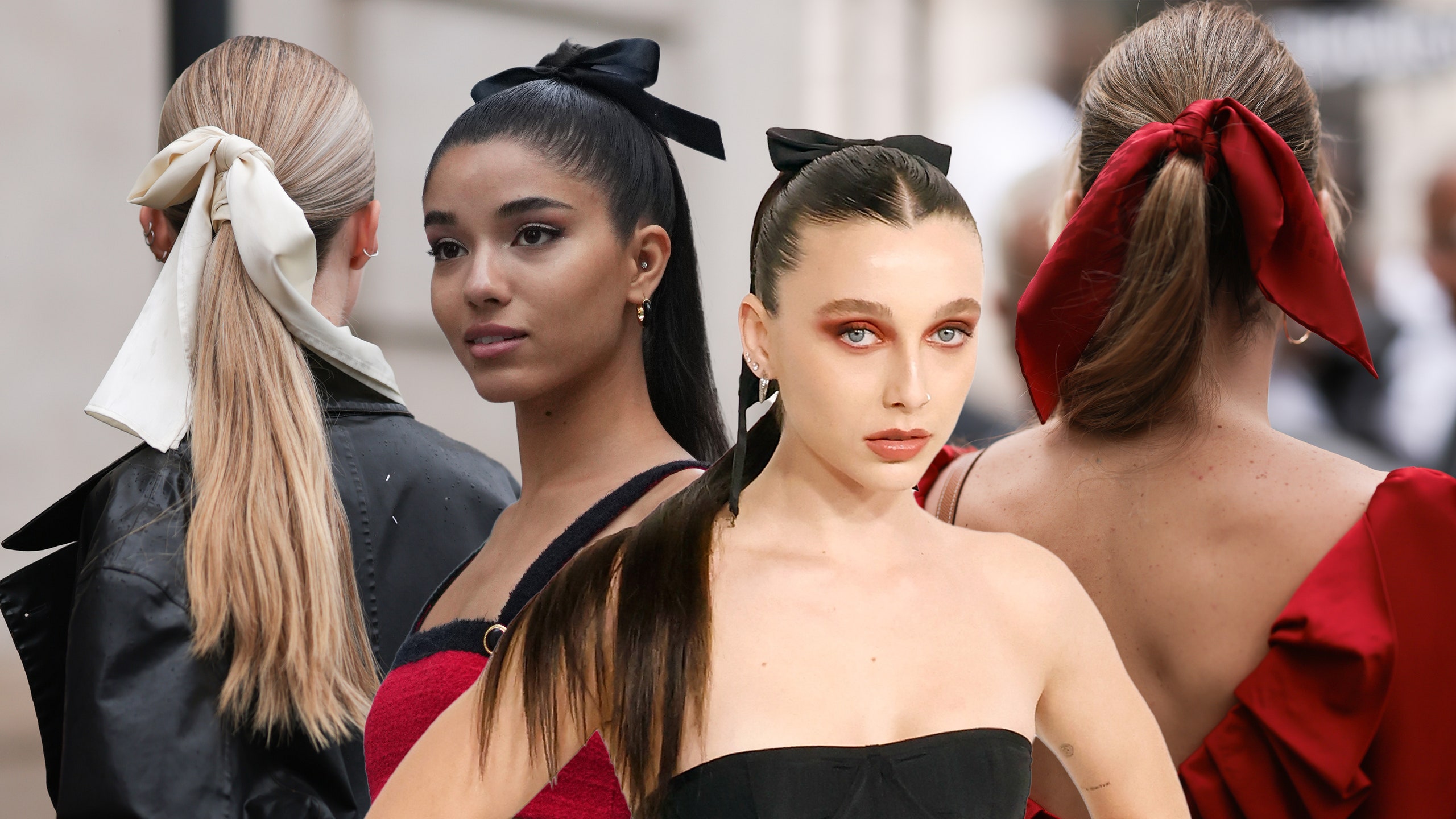 A collage of women wearing black red and white hair bows