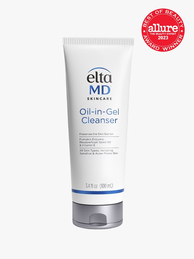 EltaMD Oil-in-Gel Cleanser white tube with grey top on light grey background