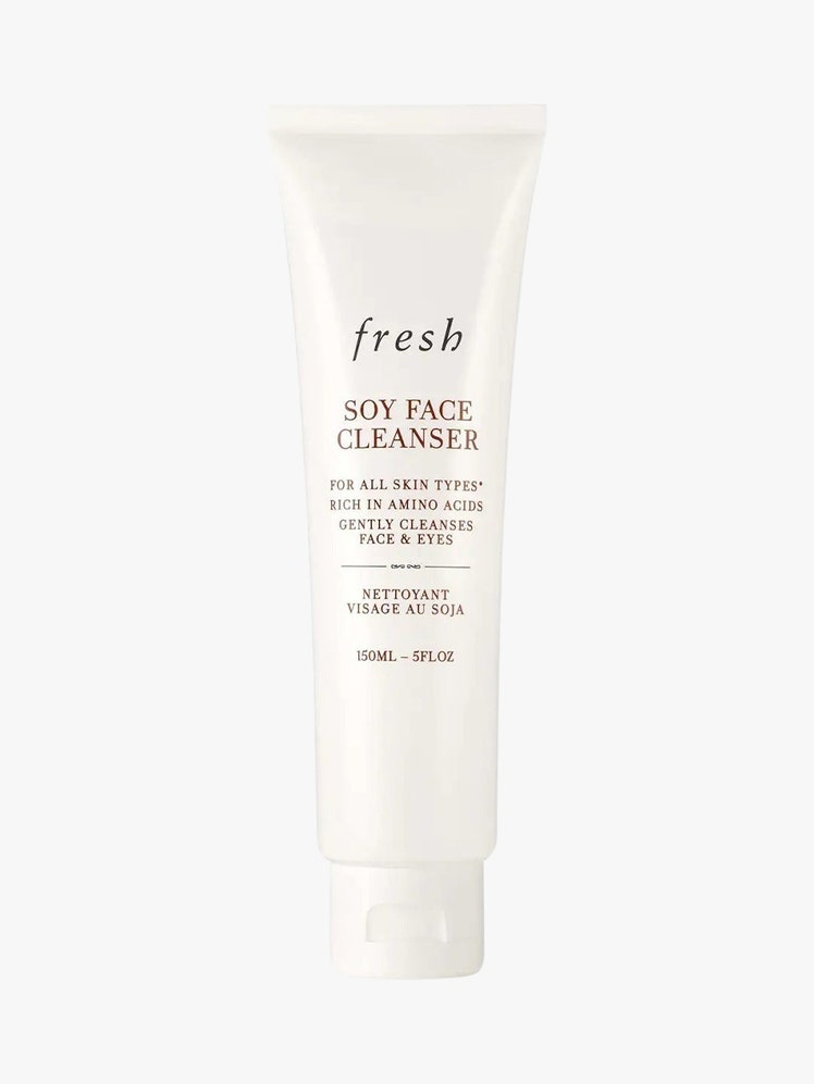 Fresh Soy Face Cleanser beige tube and top on light grey background