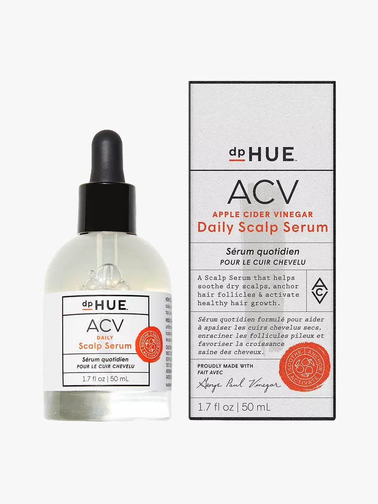 DpHue ACV Daily Scalp Serum in branded glass bottle with black pipette next to branded box packaging on light gray background
