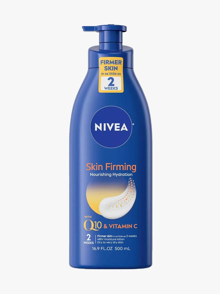 Nivea Nourishing Skin Firming Body Lotion blue bottle on light gray background