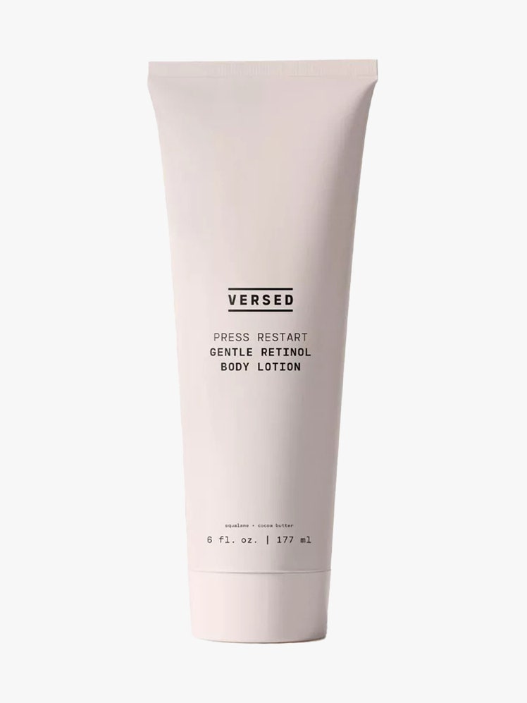 Versed Press Restart Retinol Body Lotion pale pink tube on light gray background