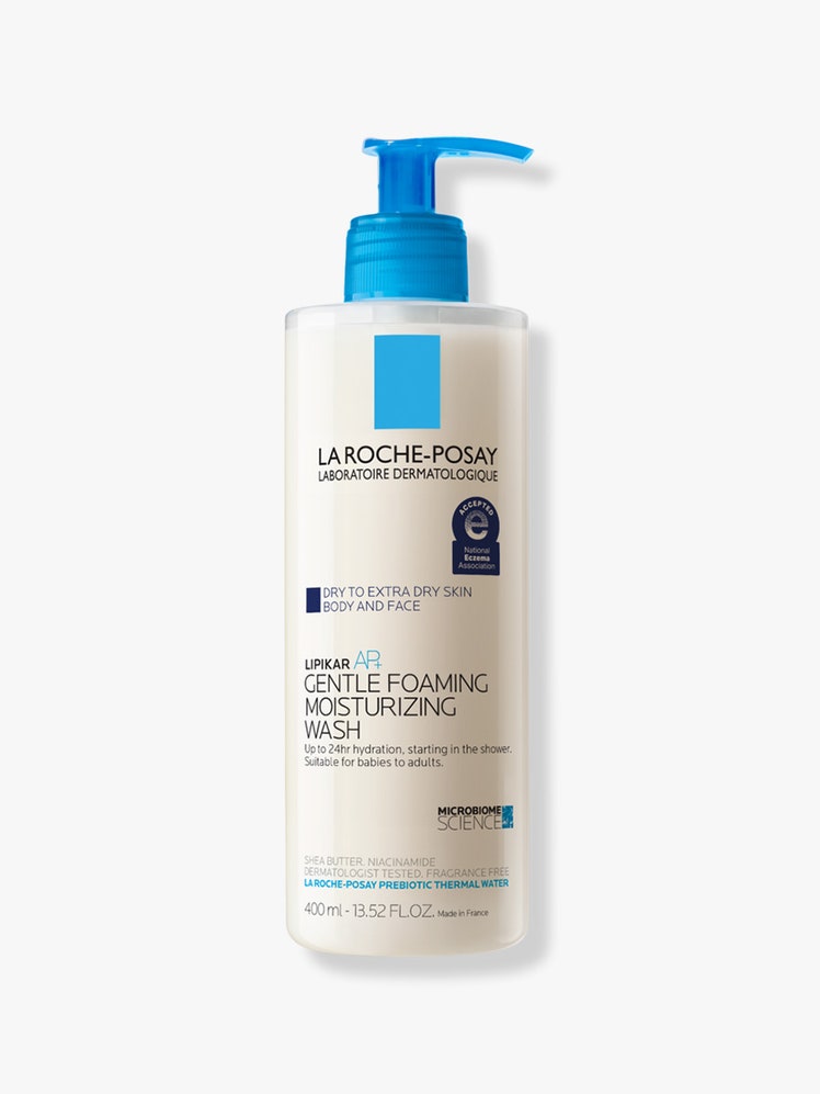 La Roche-Posay Lipikar Wash AP Gentle Foaming Moisturizing Wash  white bottle with blue pump on light grey background