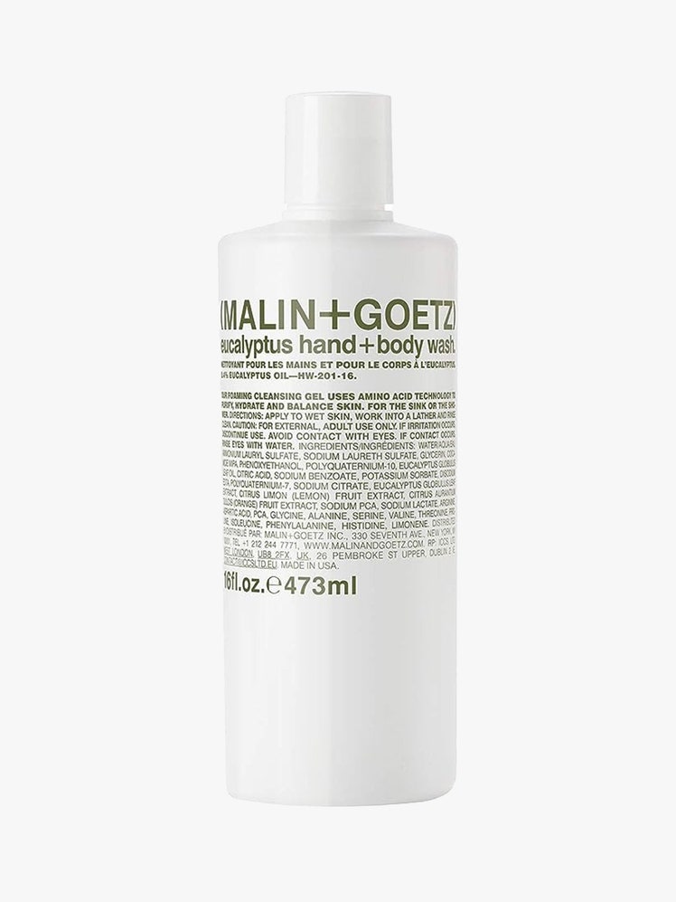 Malin + Goetz Eucalyptus Hand + Body Wash white bottle with green text on light grey background