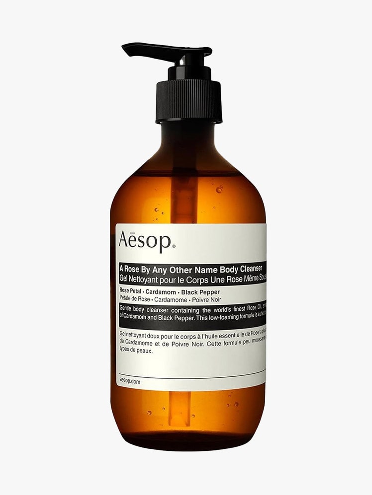 Aesop A Rose by Any Other Name Body Cleanser in brown bottle with white label on light grey background