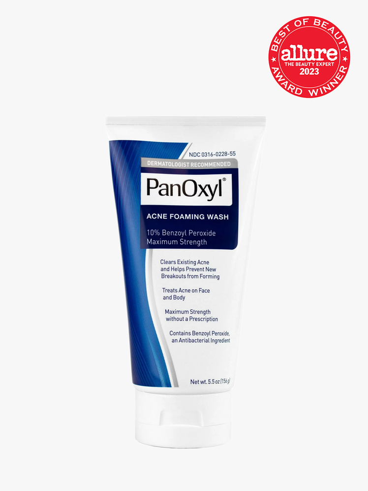 PanOxyl Acne Foaming Wash in branded tube packaging on light gray background with allure 2023 best of beauty seal