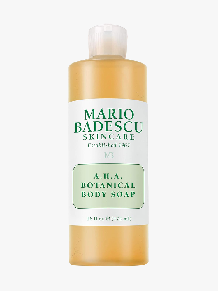 Mario Badescu A.H.A Botanical Body Soap in branded clear bottle with clear cap on light gray background