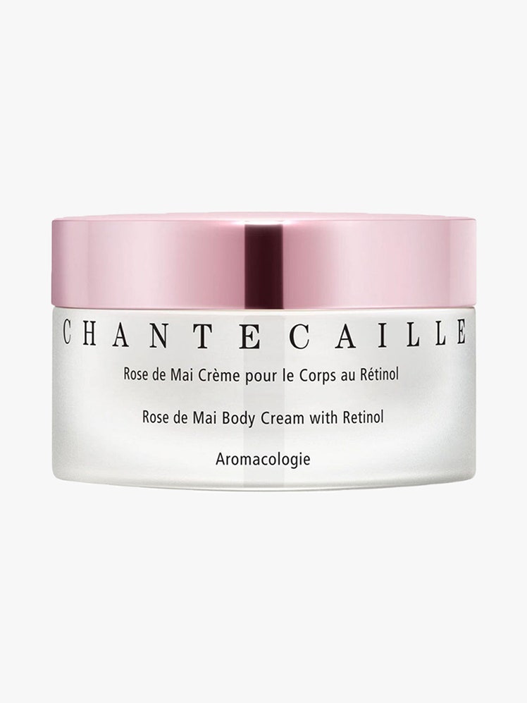 Chantecaille Rose de Mai Body Cream with Retinol: a white jar with pink lid on a light gray background