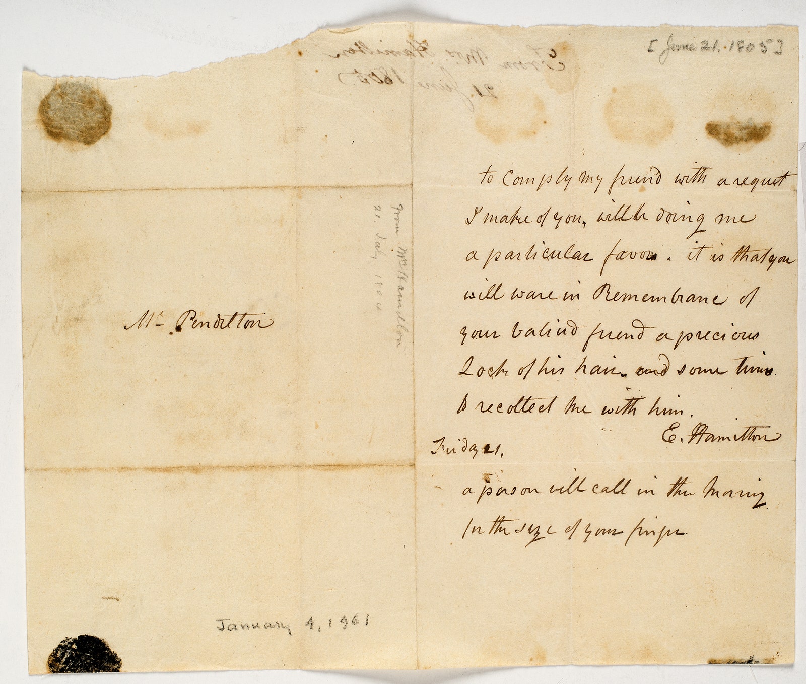 an 1805 letter from elizabeth hamilton to nathaniel pendelton that accompanied the gift of a ring containing alexander...