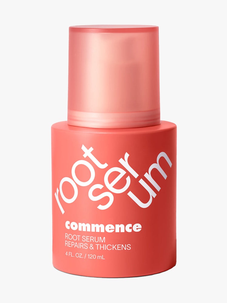 Commence Root Serum squat red bottle on light gray background
