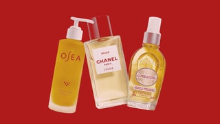 Best Body Oil a collage of Osea Chanel and L'Occitane body oils on a red background