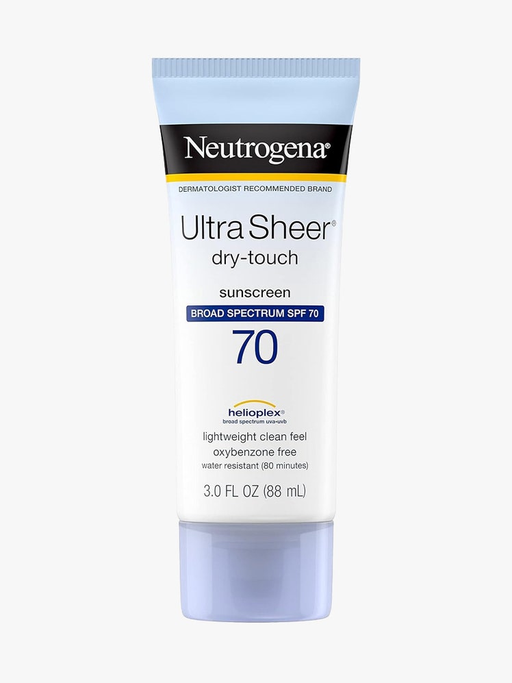 Neutrogena Ultra Sheer Dry-Touch Sunscreen SPF 70 light blue and white tube on light gray background