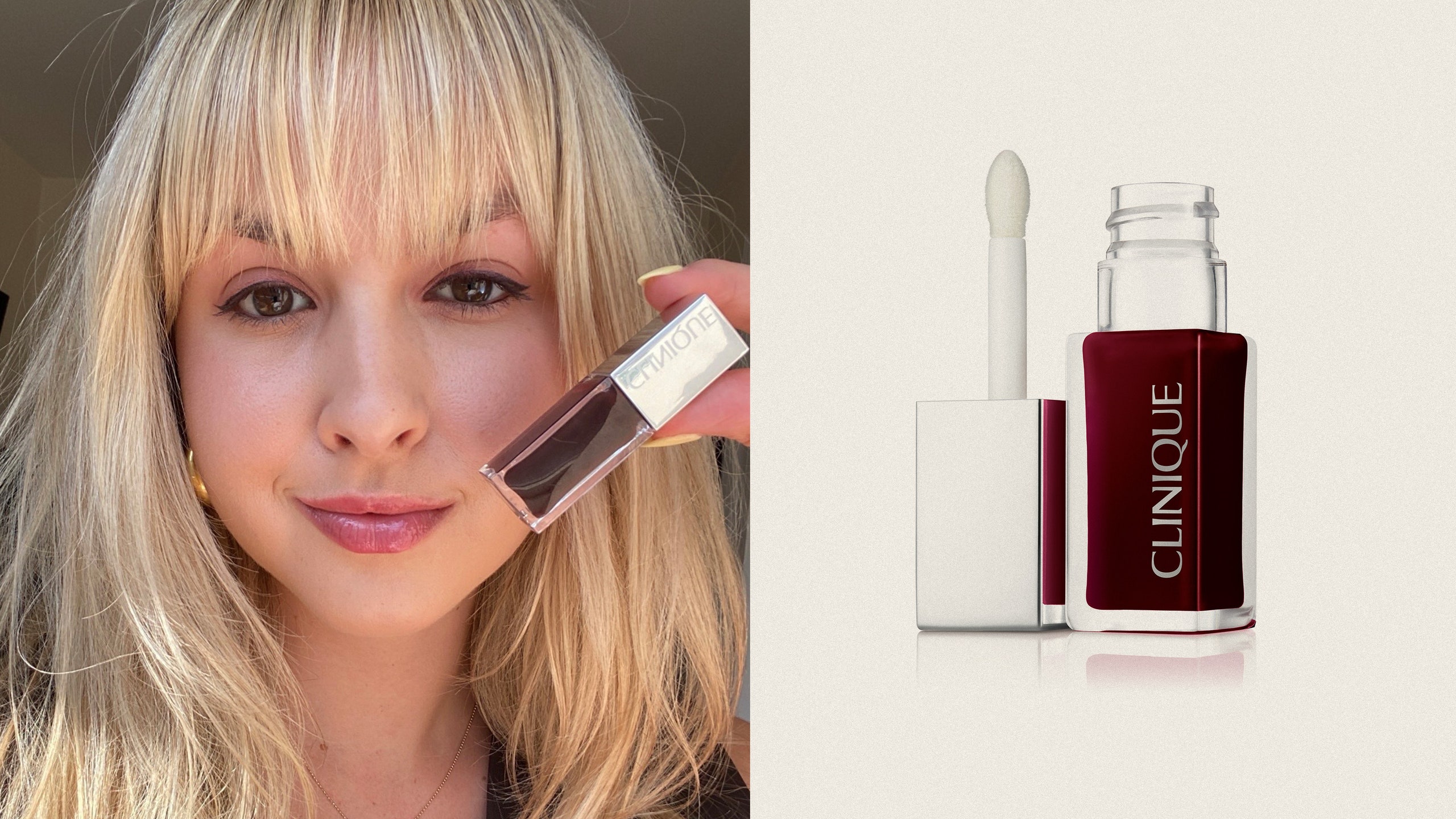 Allure editor Paige Stables is wearing Clinique Pop Lip  Cheek Oil in Black Honey on her lips and cheeks and Clinique...