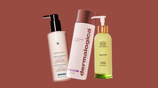 3 cosmetic items overlapping on a brown background. From left to right white bottle with black pump top long white can...