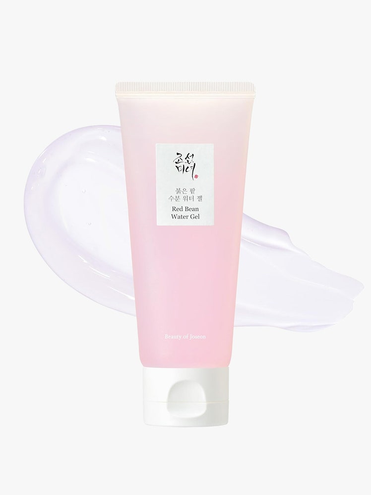 Beauty of Joseon Red Bean Water Gel in pink tube with swatch on light grey background