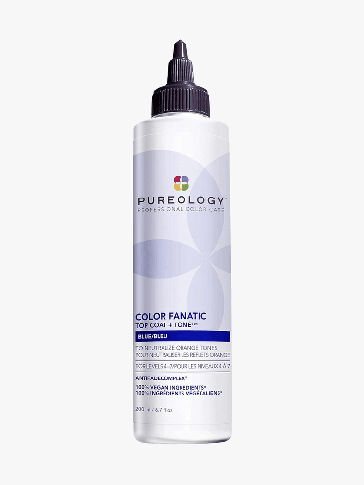 Pureology Color Fanatic Top Coat + Tone Hair Gloss in branded white and purple bottle with dark purple applicator cap on light gray background