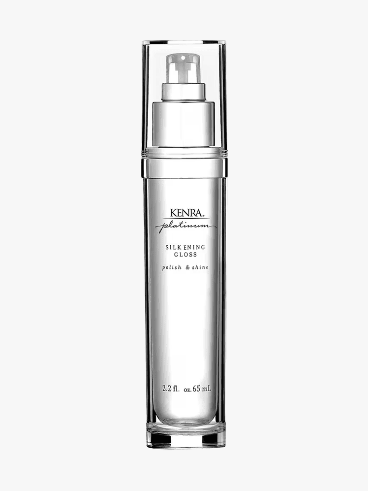 Kenra Platinum Silkening Gloss in branded clear and silver bottle with pump on light gray background