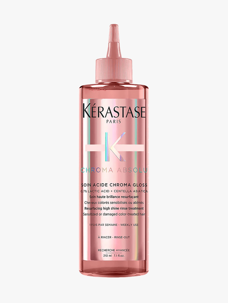 Kérastase Chroma Absolu Soin Acide Chroma Gloss in branded soft pink bottle with applicator cap on light gray background