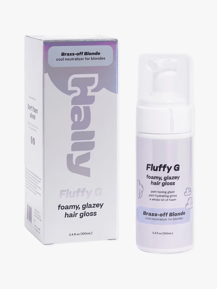 Hally Fluffy G Foamy Glazey Hair Gloss in branded white bottle with foam pump next to branded box packaging on light gray background