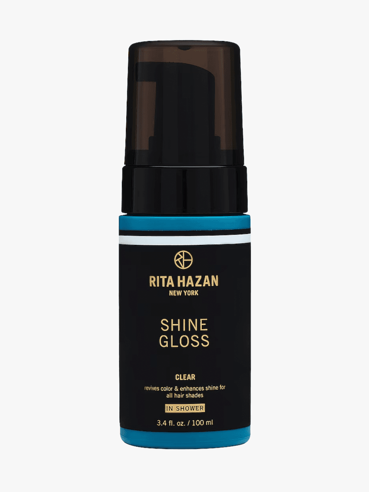 Rita Hazan Ultimate True Shine Gloss in branded blue bottle with black foam pump on light gray background