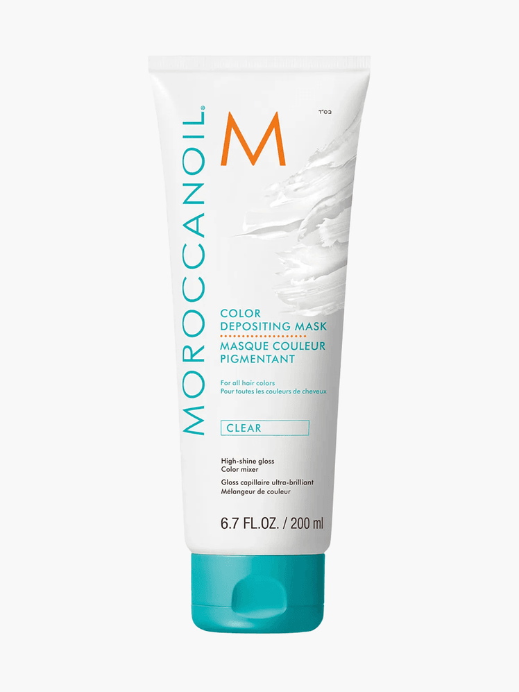 Moroccanoil High Shine Gloss Color Depositing Mask Clear in branded white tube with teal cap on light gray background