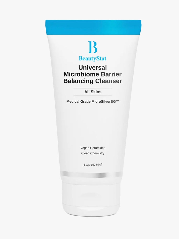 BeautyStat Microbiome Barrier Repair Purifying Cleanser in white bottle with blue accent on light grey background