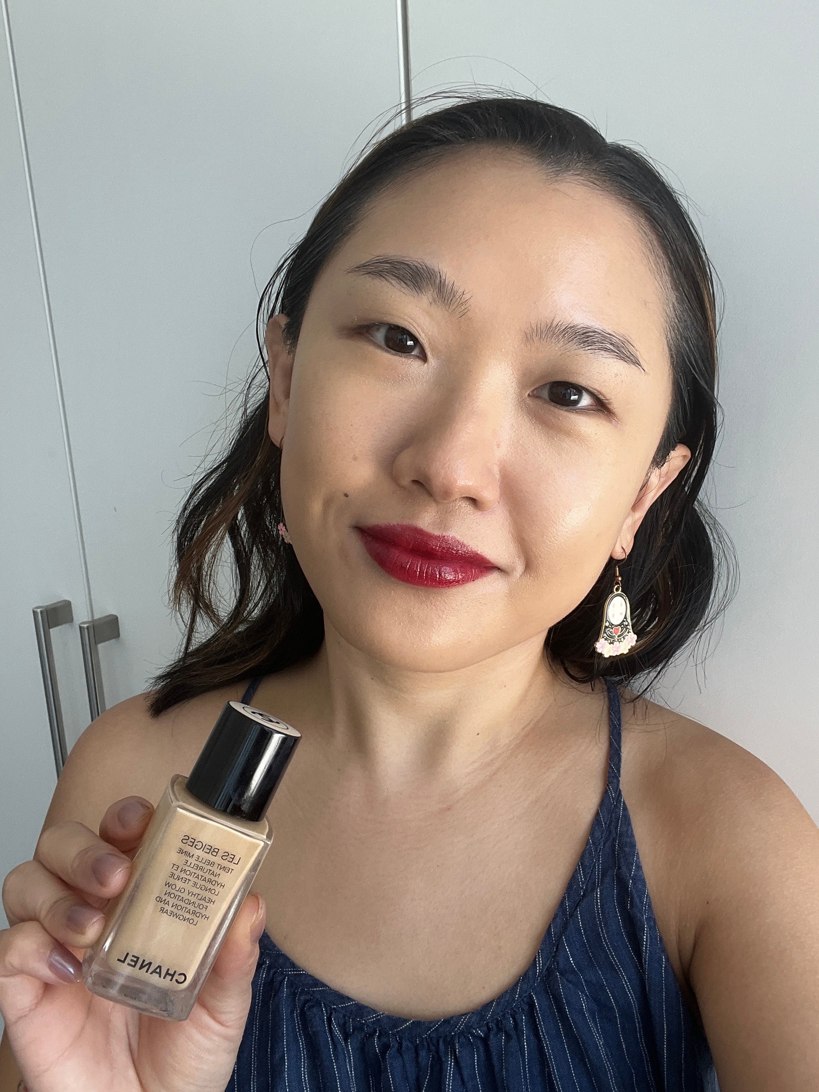 A selfie of Allure commerce editor Sarah Han after applying Chanel Les Beiges Healthy Glow Foundation in shade BO53 to...