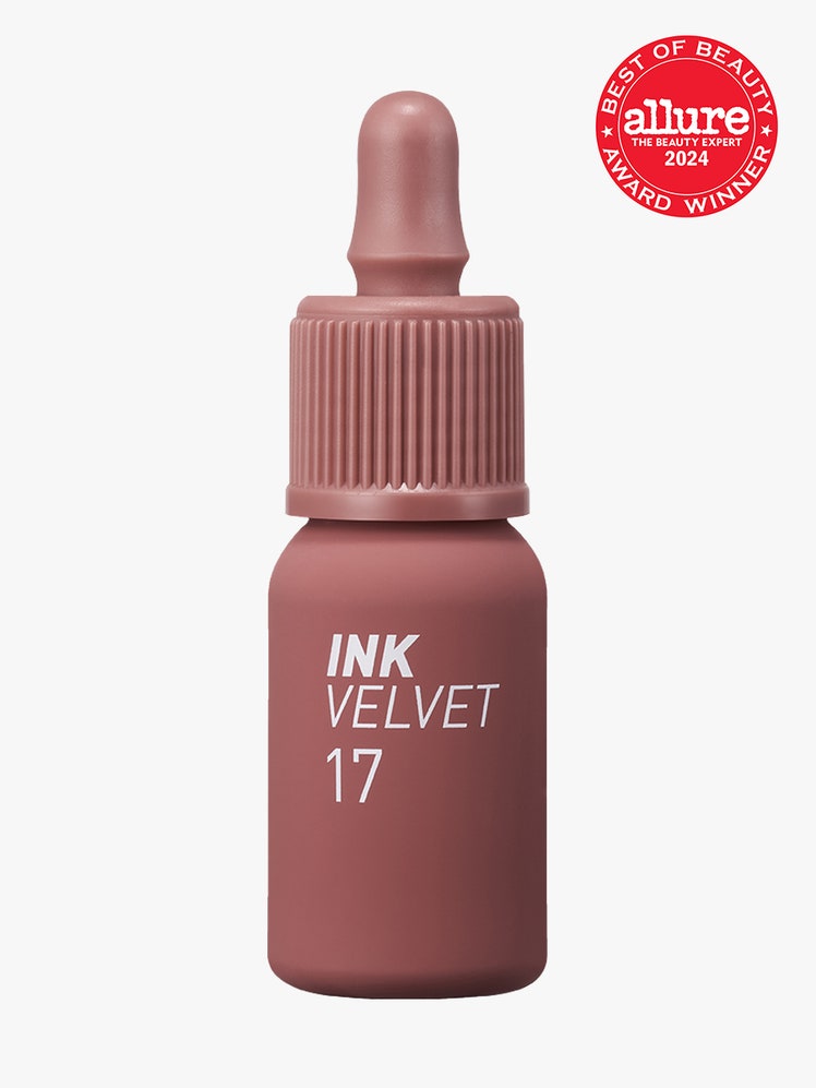 Peripera Ink The Velvet Lip Tint nude pink serum bottle of lip tint on light gray background with red Allure Best of Beauty seal in the top right corner