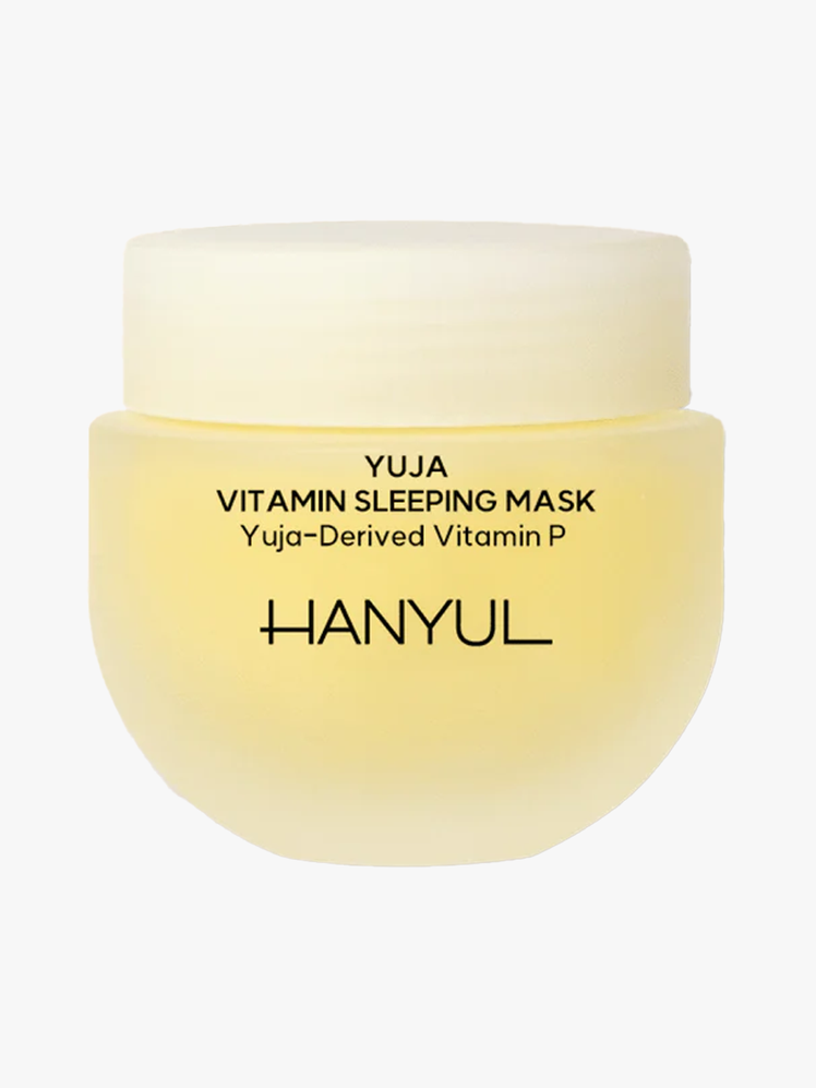 Hanyul Yuja Vitamin Sleeping Mask in yellow branded component on a light gray background