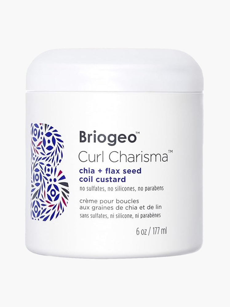 Curl Charisma Chia + Flax Seed Coil Custard in branded white jar on light gray background