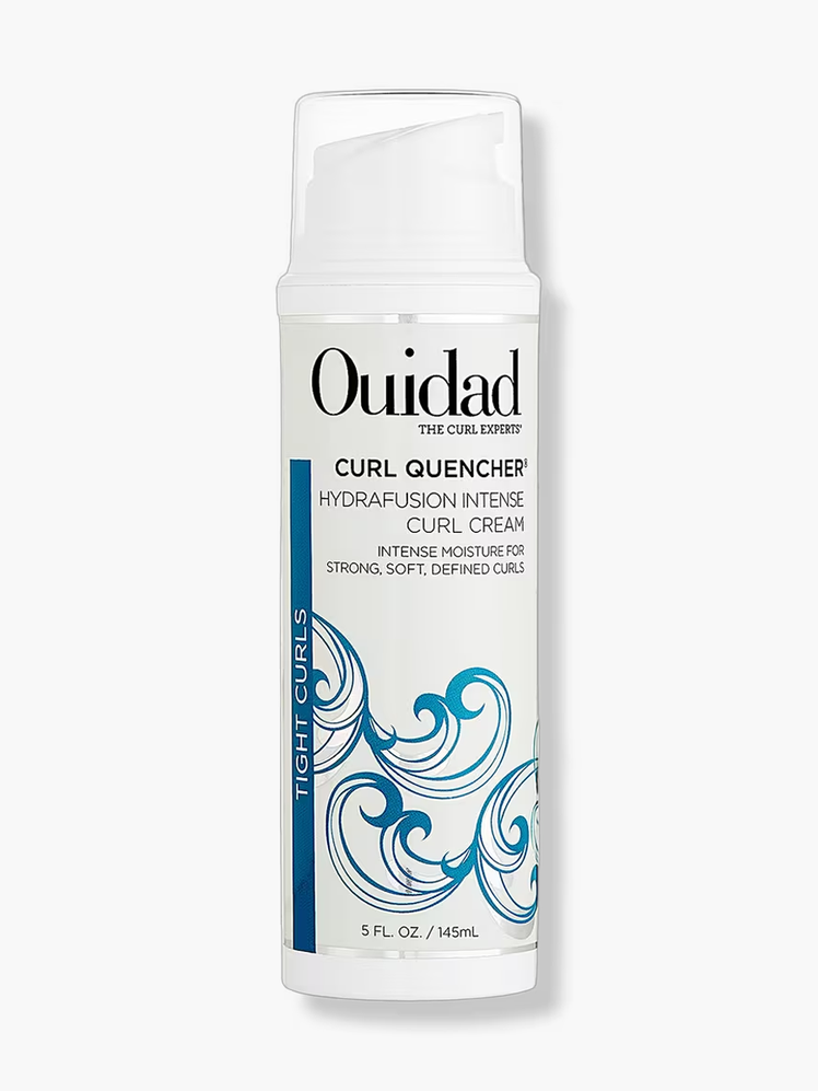 Curl Quencher Hydrafusion Intense Curl Cream in branded white bottle with pump and clear cap on light gray background