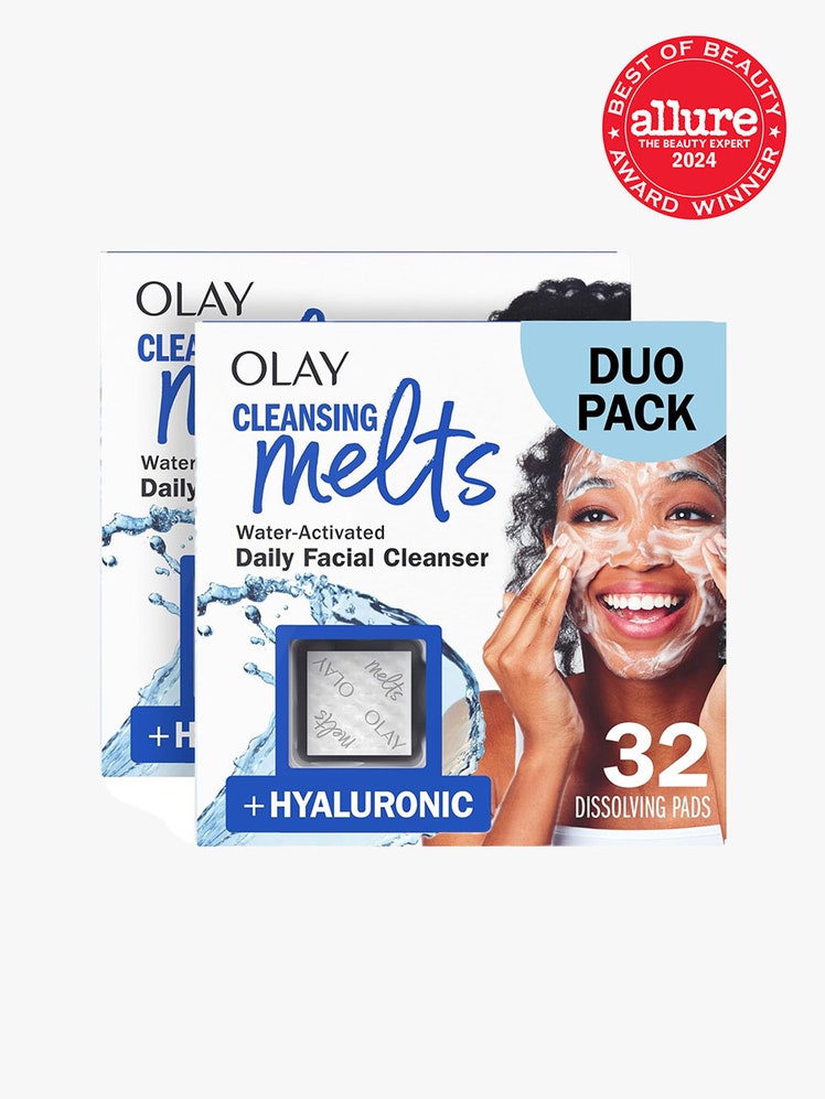 Two packs of Olay Cleansing Melts + Hyaluronic on light gray background with a red 2024 Allure Best of Beauty Award winner seal