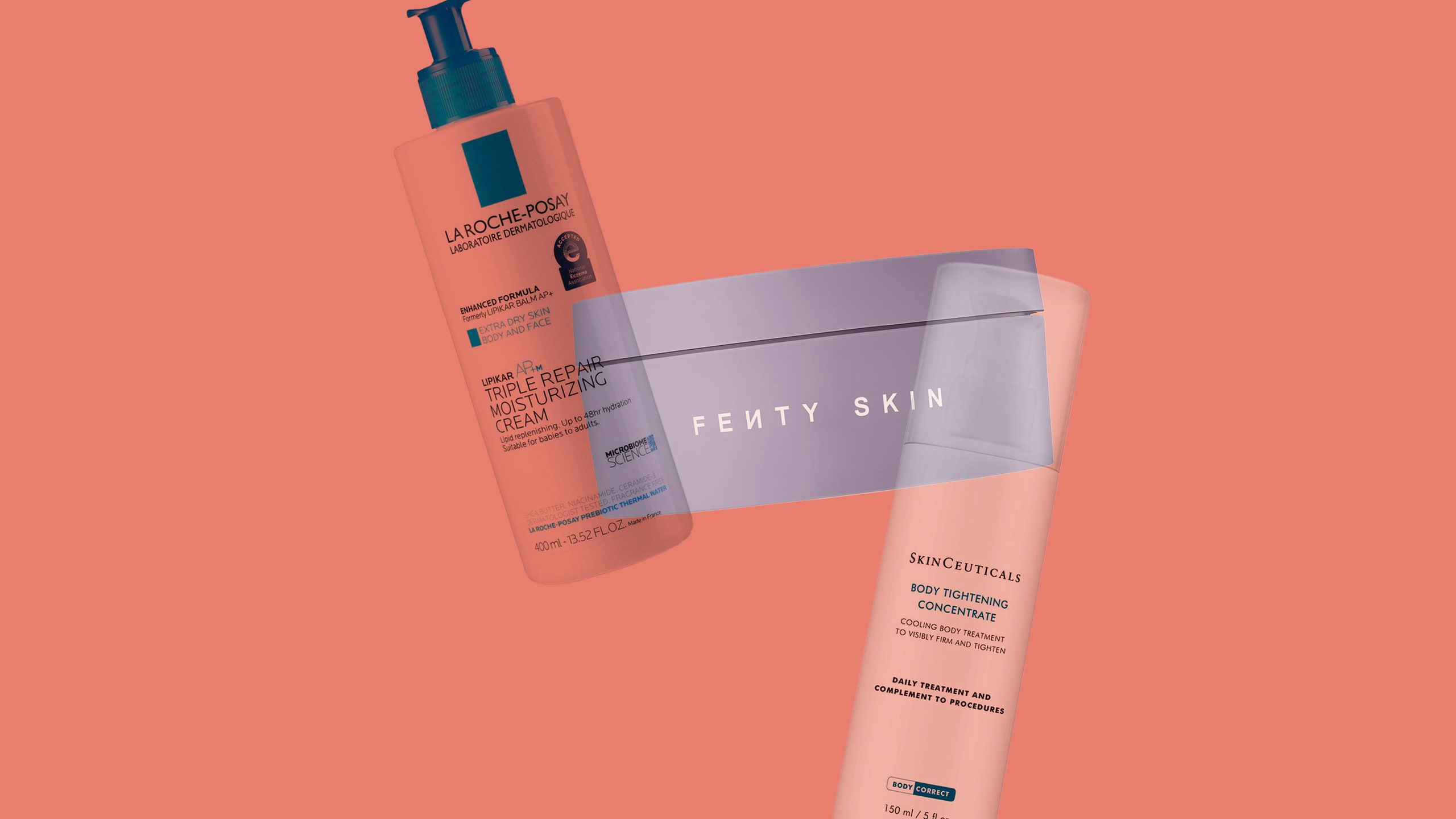 Best Body Lotions for Aging Skin 2024 Bottles and jars of body creams from La RochePosay Fenty and Skin Ceuticals on a...