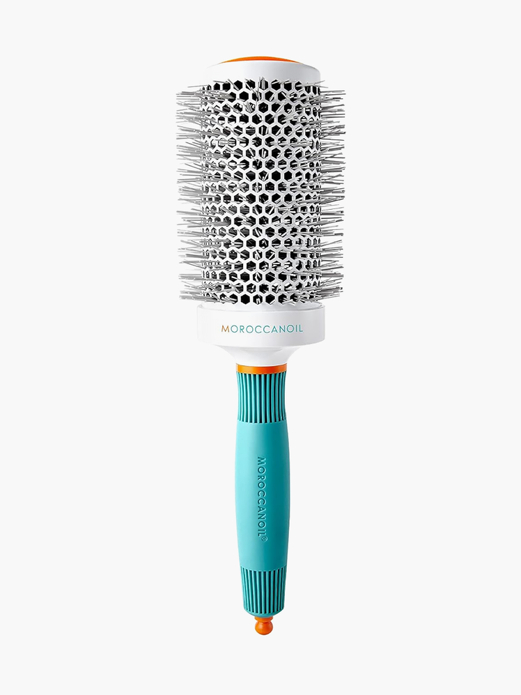 Ceramic Round Brush in branded teal white gray and orange color way on light gray background