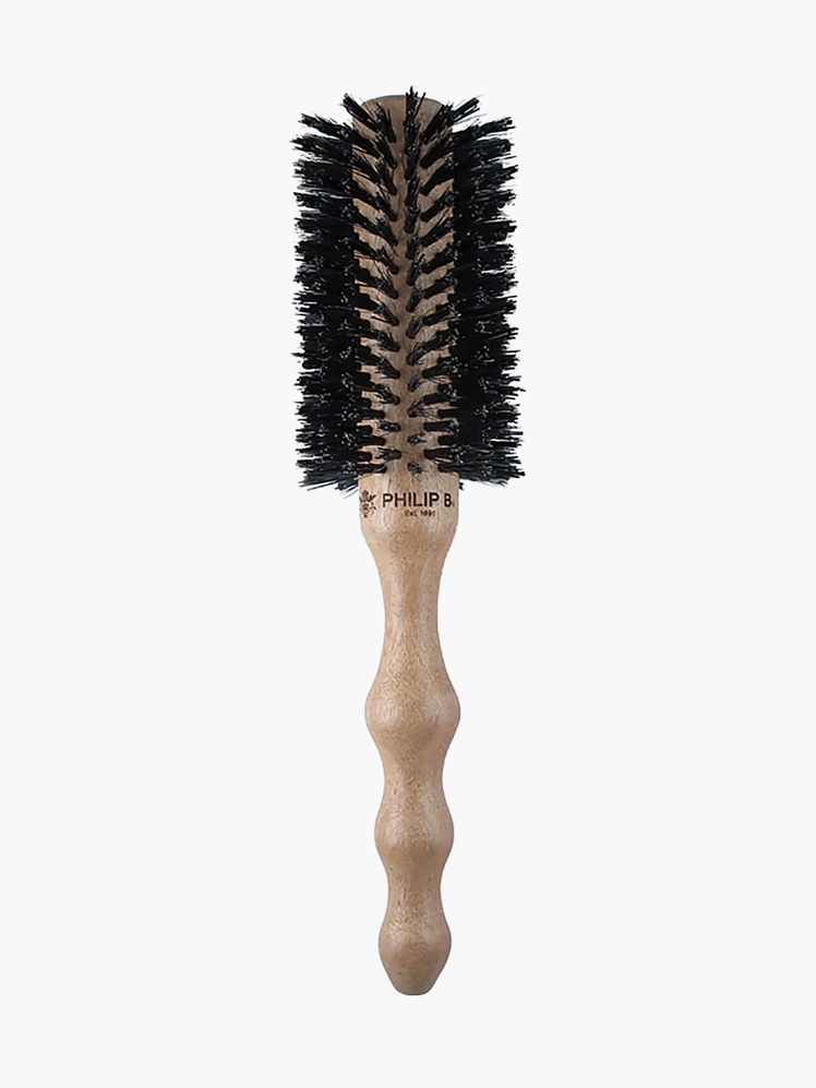 Large Round Hairbrush in brown and beige wooden color way on light gray background