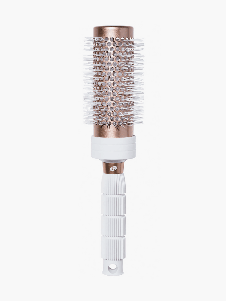 Volume 2.5 Round Professional Ceramic Coated Brush in white and rose gold color way on light gray background