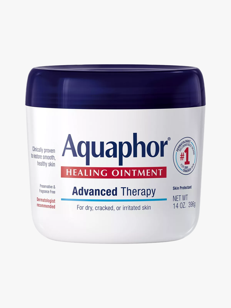 Aquaphor Healing Ointment in branded tub component on a light gray background