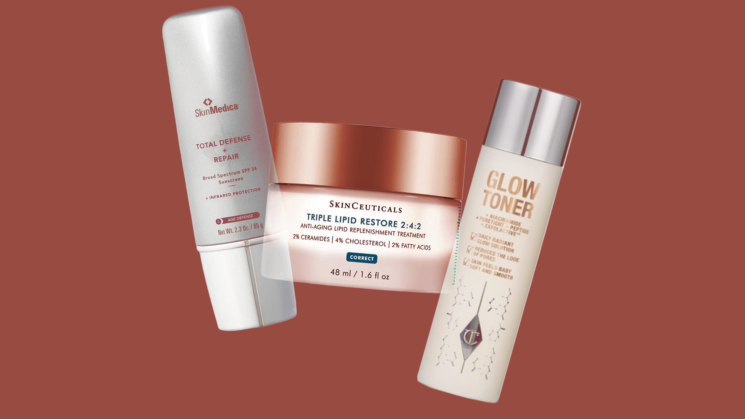 Skincare products from Skin Medica Skinceuticals and Charlotte Tilbury on a brown background