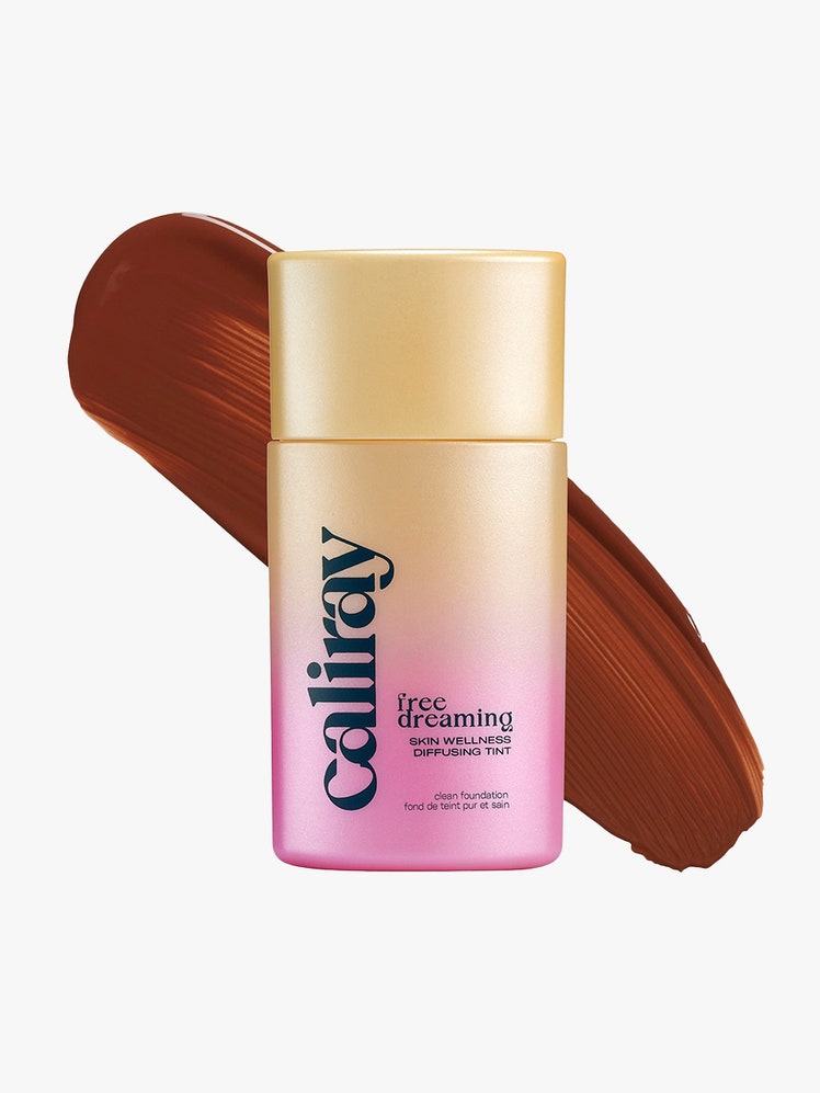 Caliray Freedreaming Skin Tint gradient bottle with brown swatch on gray background