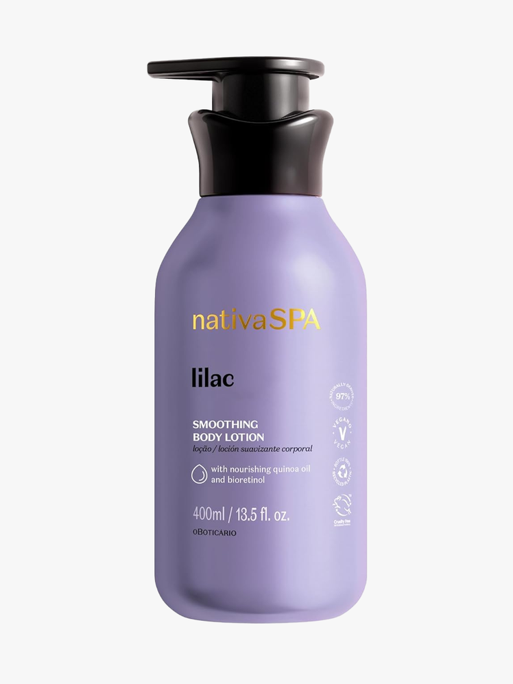 Nativa Spa by O Boticário Lilac Smoothing Body Lotion in branded bottle component on a light gray background