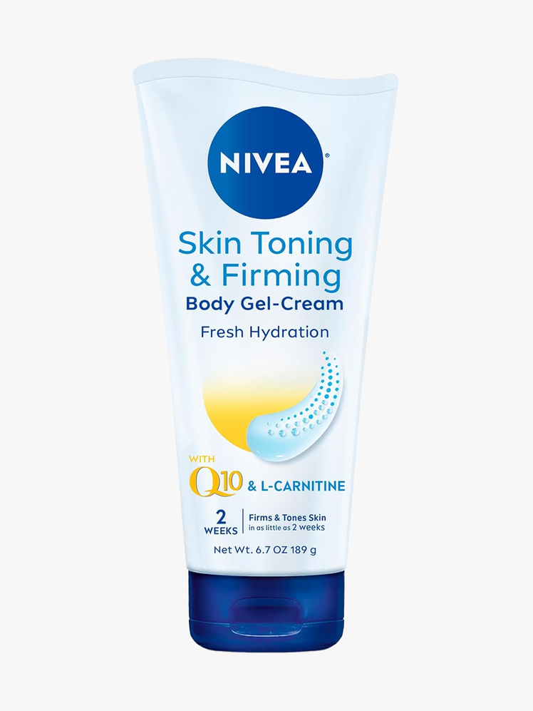 Nivea Skin Firming & Toning Gel Cream in branded tube component on a light gray background