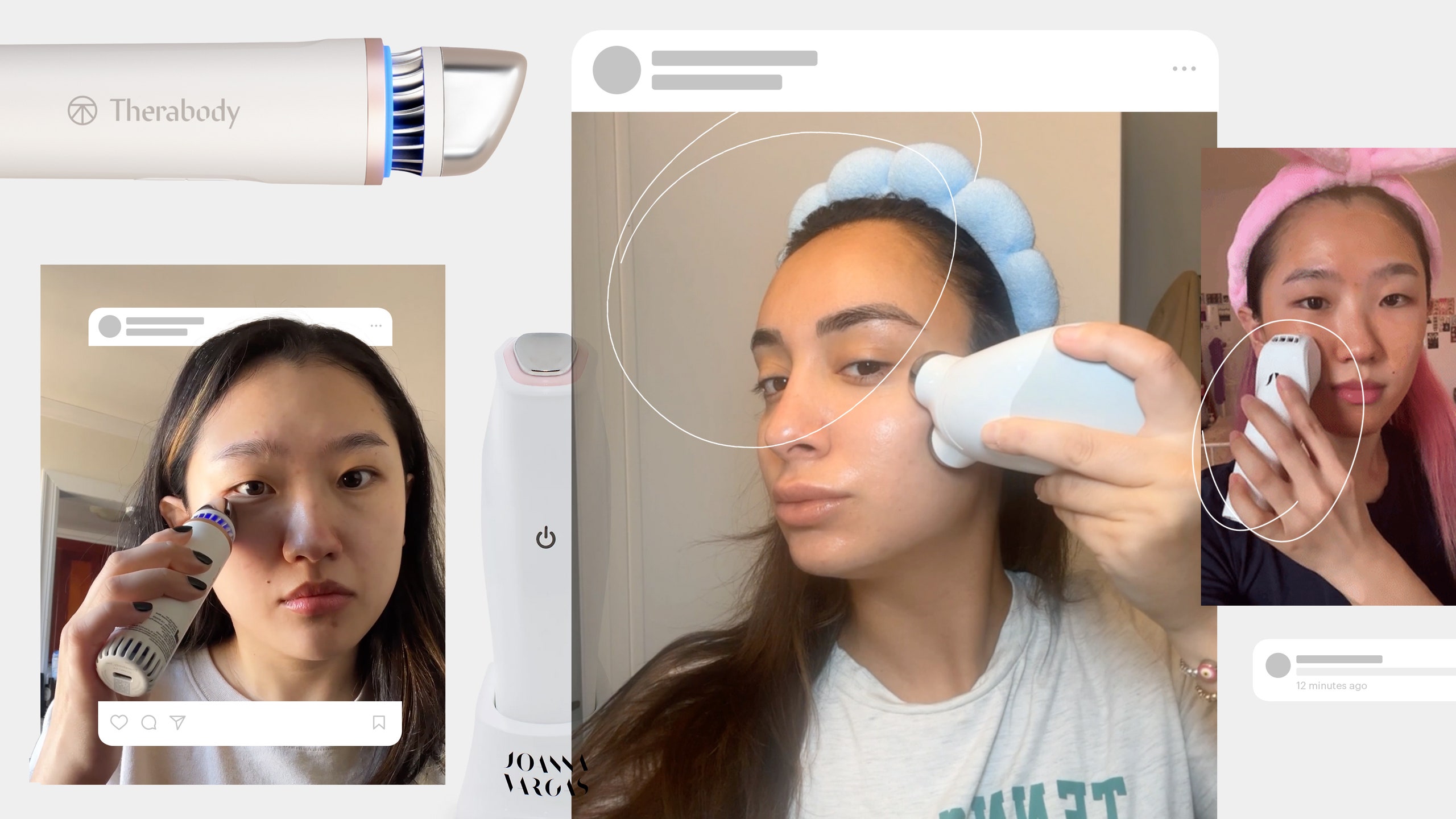 Bloated Face Depuffing Tools Collage of Allure beauty editors testing different depuffing tools for their skin